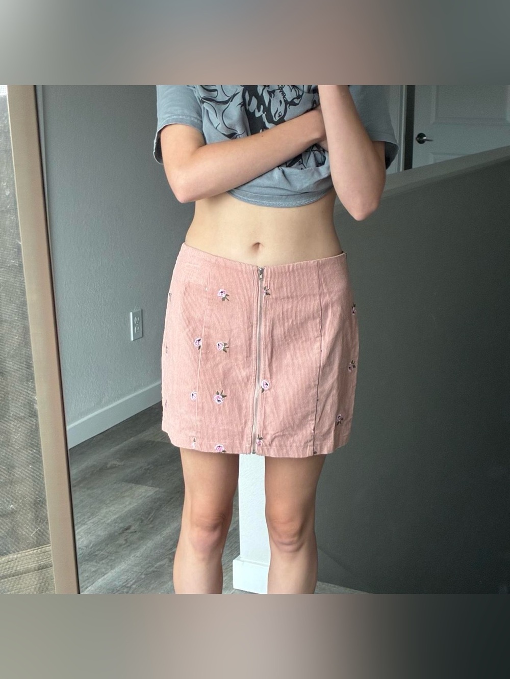 Pacsun LA Hearts peachy baby pink corduroy mini skirt with embroidered roses